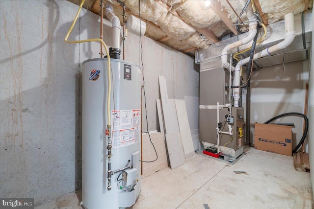 utility room with gas water heater and heating unit