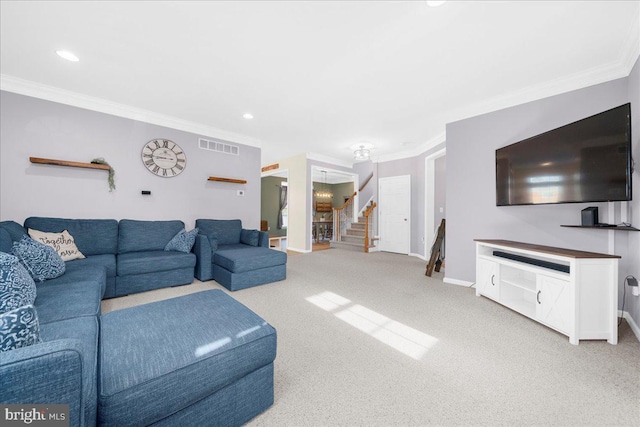 living room featuring carpet flooring and ornamental molding