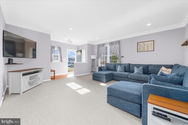 carpeted living room with crown molding