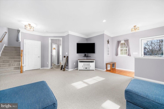 living room with carpet floors and crown molding