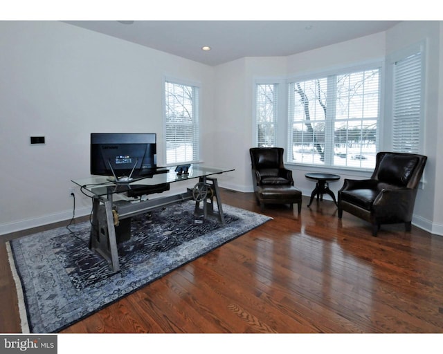 home office featuring dark hardwood / wood-style flooring and a healthy amount of sunlight