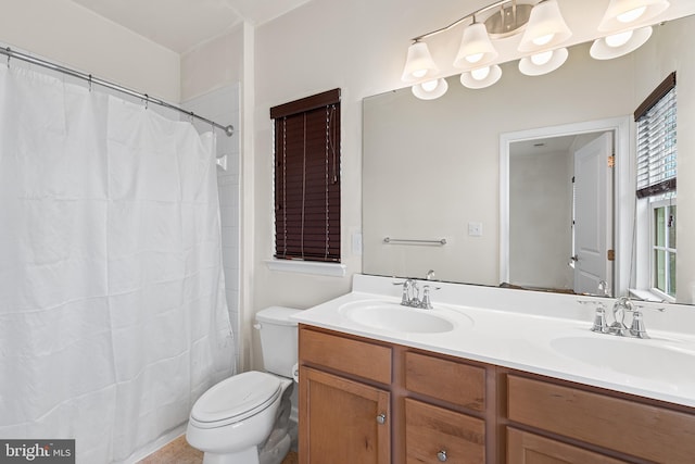 bathroom featuring vanity, toilet, and a shower with shower curtain