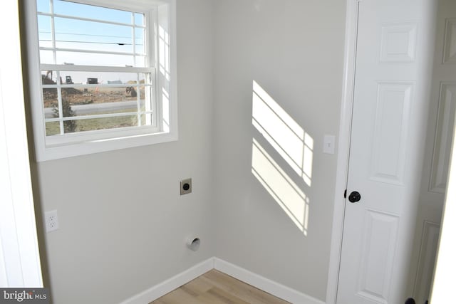 laundry area featuring hookup for an electric dryer, a healthy amount of sunlight, and light wood-type flooring