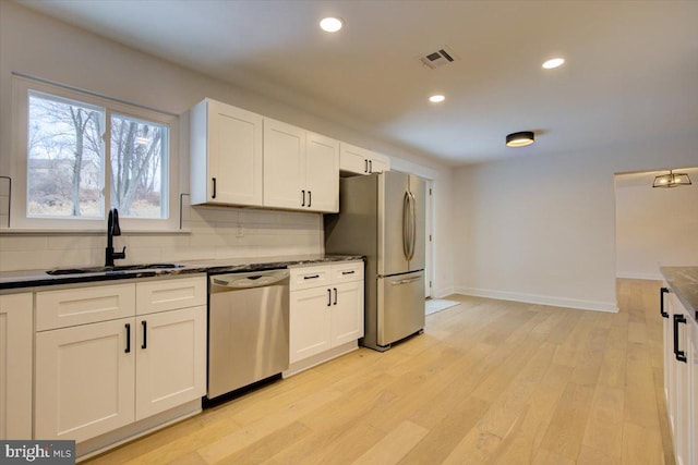 kitchen featuring white cabinets, backsplash, stainless steel appliances, and sink