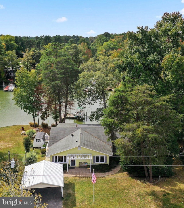 birds eye view of property featuring a water view