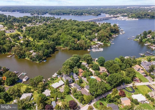 bird's eye view with a water view