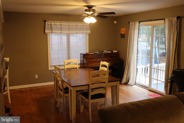 dining area featuring ceiling fan and hardwood / wood-style flooring