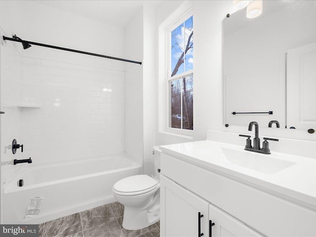 full bathroom featuring bathing tub / shower combination, tile patterned floors, vanity, and toilet