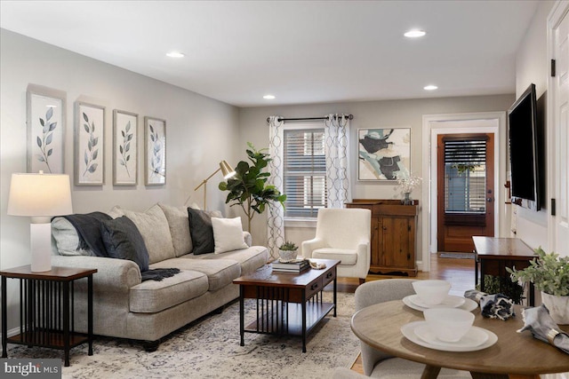 living room with light hardwood / wood-style flooring