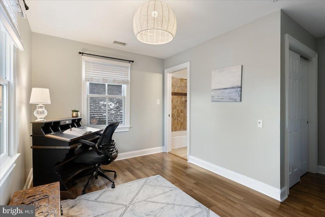 office area featuring light hardwood / wood-style floors