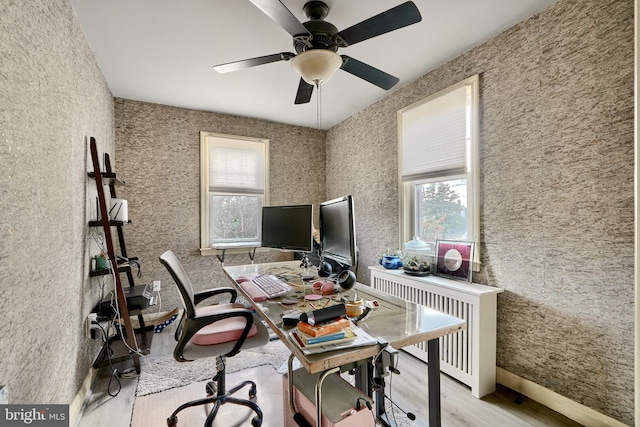 office area featuring light wood-type flooring, radiator, and ceiling fan