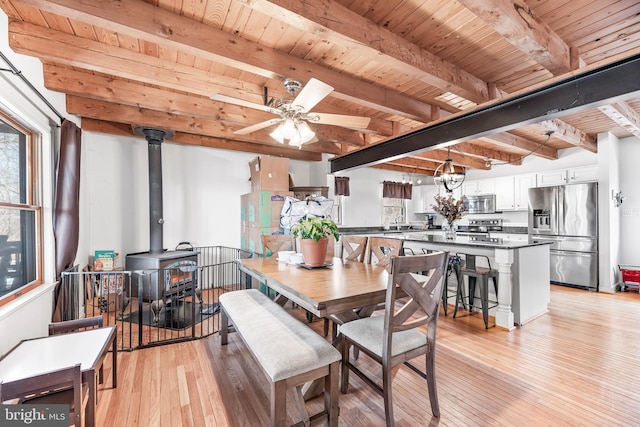 dining area with wooden ceiling, ceiling fan, a wood stove, light hardwood / wood-style flooring, and beamed ceiling