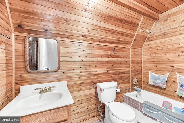 full bathroom featuring toilet, vanity, wooden walls, and wooden ceiling