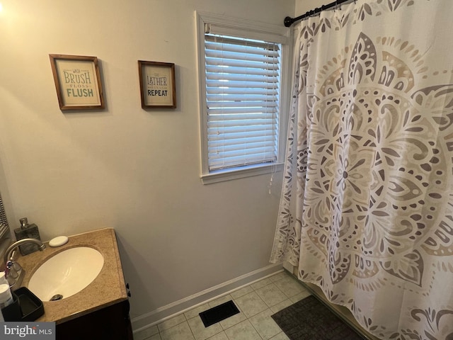 bathroom with vanity, tile patterned flooring, and a shower with shower curtain