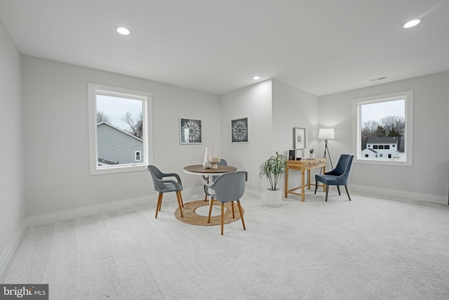 interior space with recessed lighting, carpet flooring, and baseboards