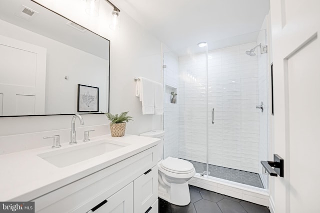 full bath featuring visible vents, toilet, a stall shower, vanity, and tile patterned flooring