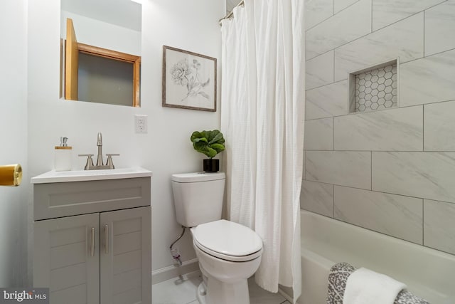 full bathroom with vanity, toilet, and shower / bathtub combination with curtain