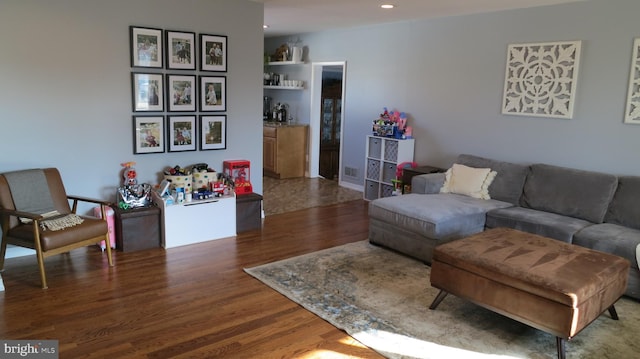 living room featuring dark wood-type flooring