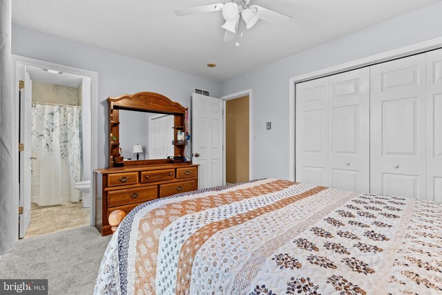 1025 Harmony Hl, Lebanon, PA 17046 - carpeted bedroom with visible vents, a closet, ceiling fan, and ensuite bathroom