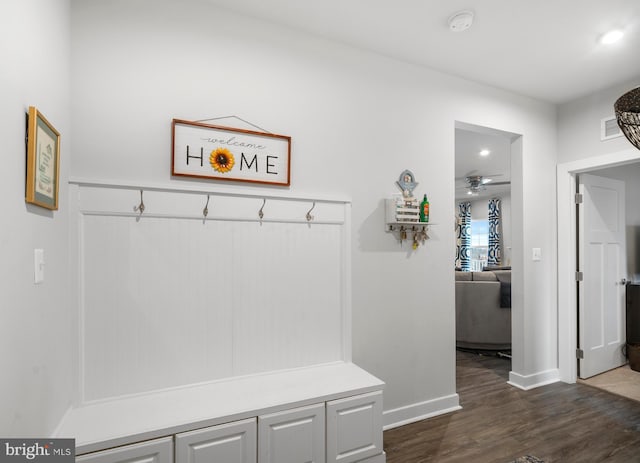 mudroom featuring ceiling fan and dark wood-type flooring