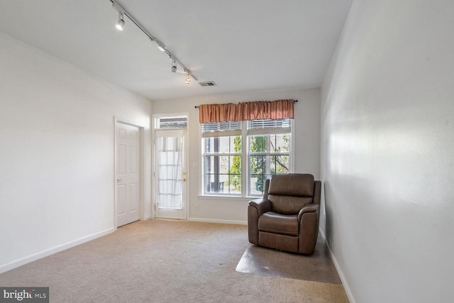 living area featuring rail lighting and light carpet