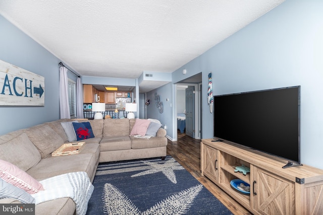 living room with a textured ceiling and dark hardwood / wood-style flooring