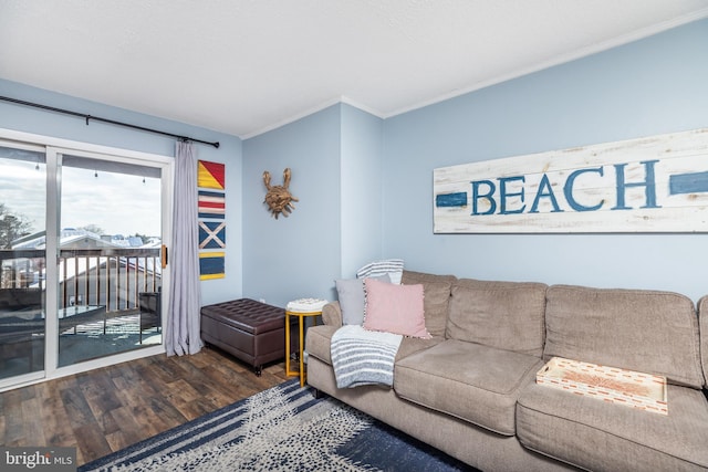 living room featuring crown molding and wood-type flooring