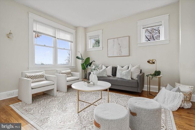 living room with wood-type flooring and an inviting chandelier