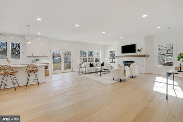 living room featuring light hardwood / wood-style floors and french doors