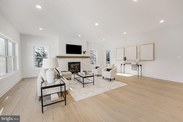 living room featuring a fireplace, a healthy amount of sunlight, and light wood-type flooring