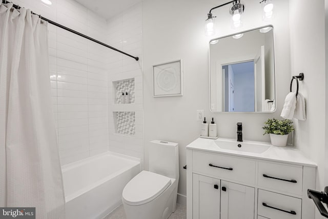 full bathroom with shower / bathtub combination with curtain, vanity, and toilet