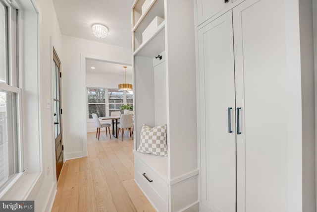 mudroom with light hardwood / wood-style flooring