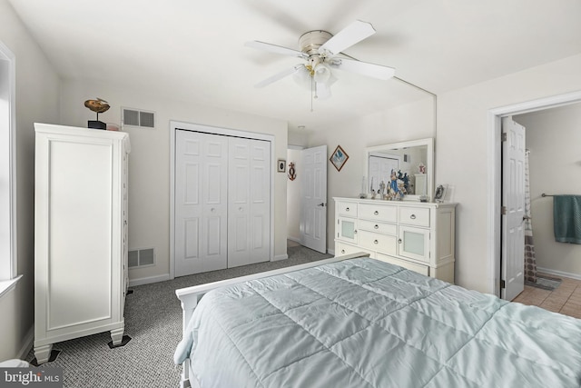 bedroom with light carpet, a closet, and ceiling fan