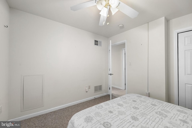 bedroom with ceiling fan, a closet, and carpet floors