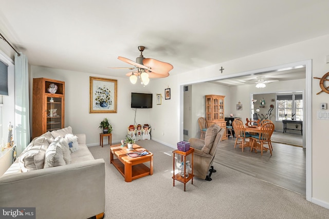 living room with ceiling fan and carpet floors