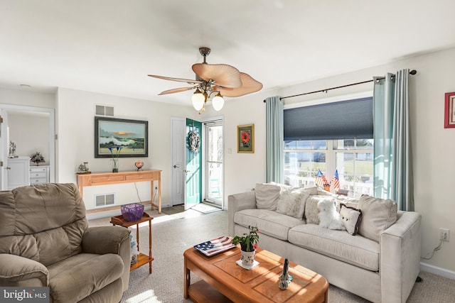 living room with ceiling fan