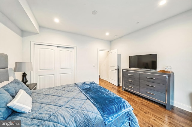 bedroom featuring dark wood-type flooring and a closet