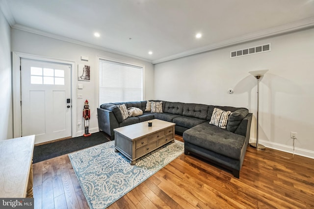 living room featuring crown molding and dark wood-type flooring