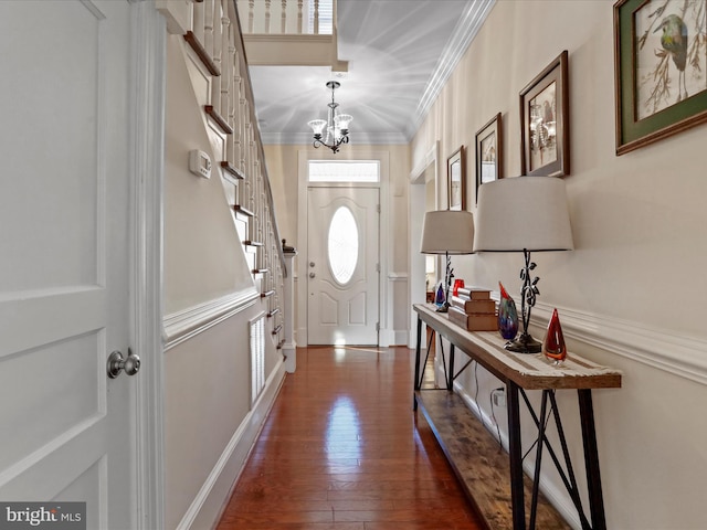 entrance foyer featuring crown molding, dark hardwood / wood-style floors, and a chandelier