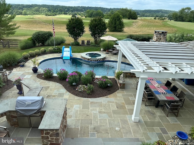 view of swimming pool with a pergola, a patio area, an in ground hot tub, and grilling area