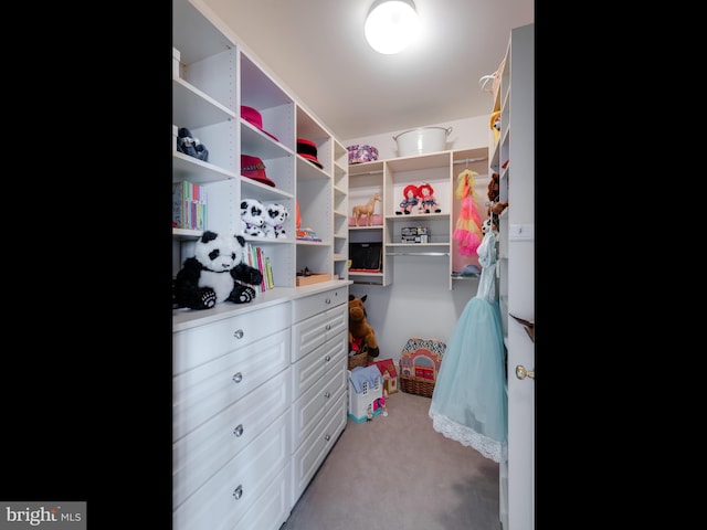 walk in closet featuring light colored carpet