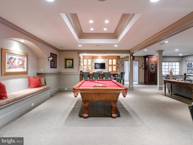 game room with light colored carpet, crown molding, a tray ceiling, and billiards