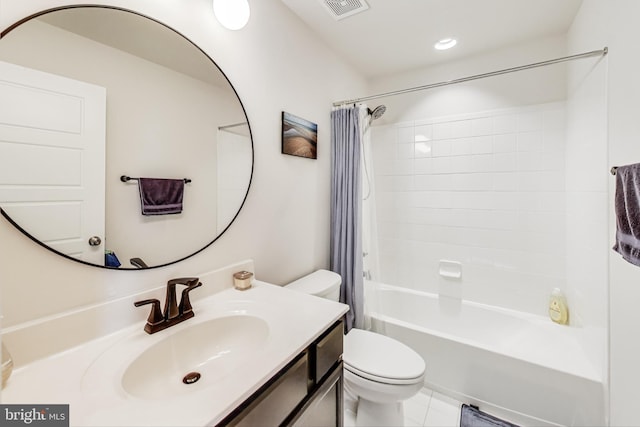 full bathroom with toilet, tile patterned flooring, vanity, and shower / bath combo