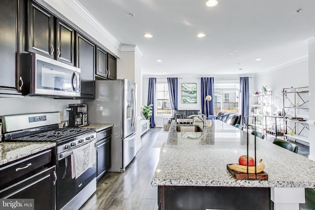 kitchen featuring sink, a center island with sink, crown molding, and appliances with stainless steel finishes