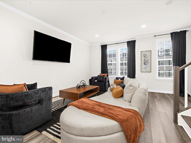 living room with hardwood / wood-style floors and crown molding