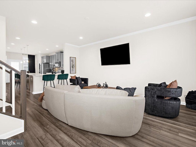 living room featuring dark hardwood / wood-style flooring and ornamental molding