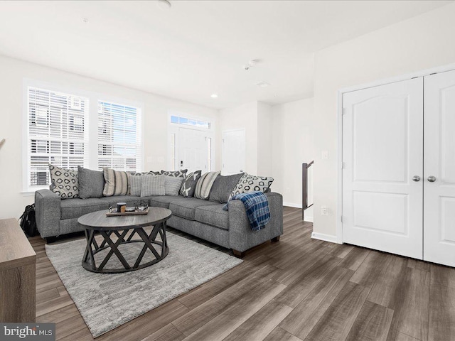 living room with dark hardwood / wood-style floors