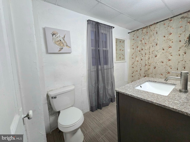 bathroom with vanity, toilet, and a drop ceiling