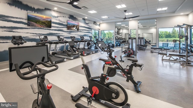 exercise room featuring a drop ceiling and ceiling fan