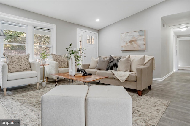 living room with hardwood / wood-style floors and lofted ceiling